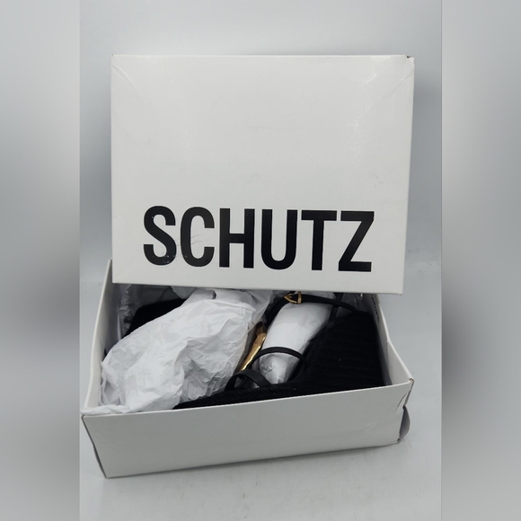 Schutz Amarilis Embellished Wedge Sandals In Black And Gold Size 11 B - Picture 13 of 16